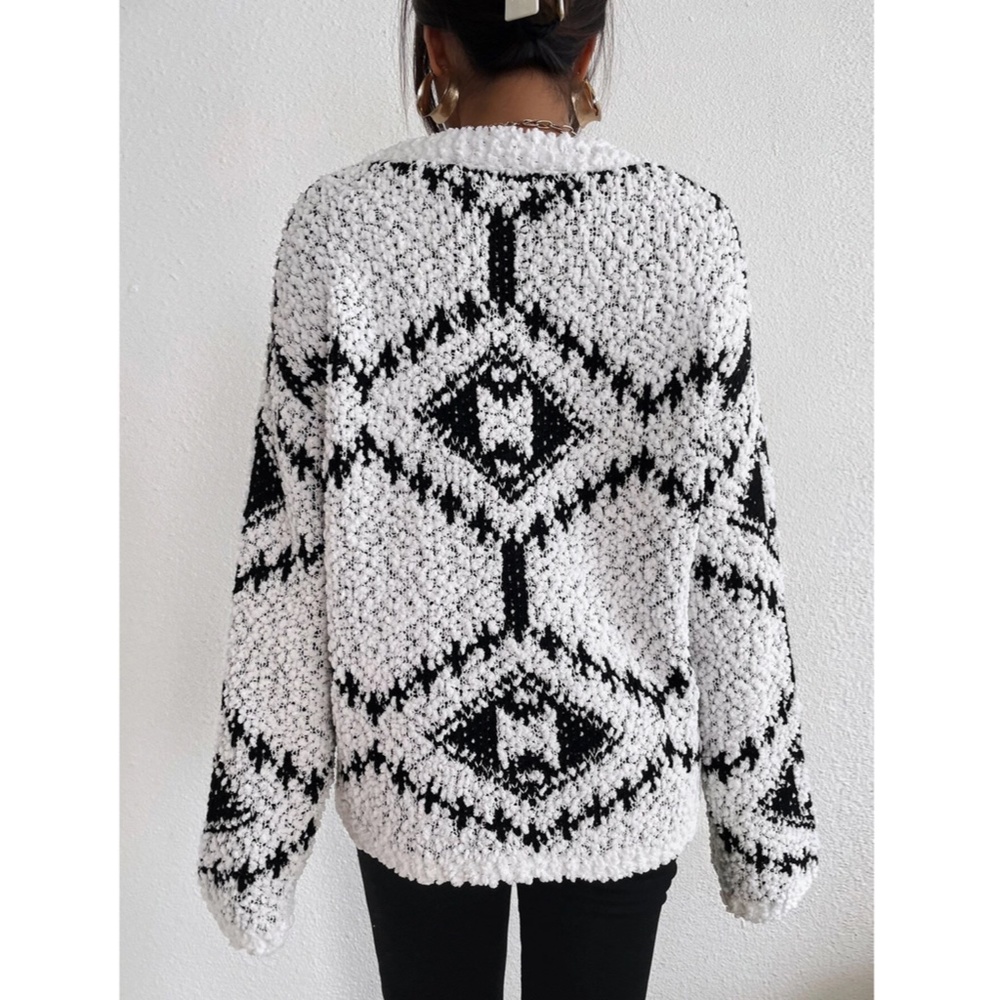 Geometric Aztec Printed White Black Sweater V-Neck Oversized Knit - Picture 3 of 9